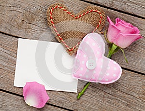 Valentines day blank greeting card or photo frame with handmaded toy hearts and pink rose