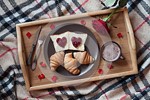 Valentines day breakfast in bed with rose flower