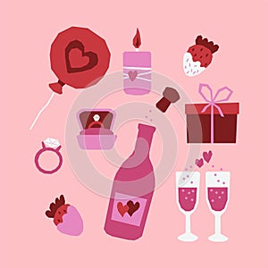 Valentines day bundle. Vector hand drawn collection of objects. A cute festive set of objects of pink and red color.