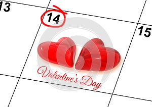 Valentines day calendar hearts couple red 2 valentines day isolated love  - 3d rendering