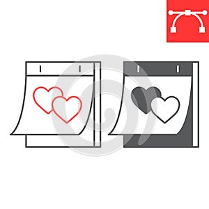 Valentines day calendar line and glyph icon