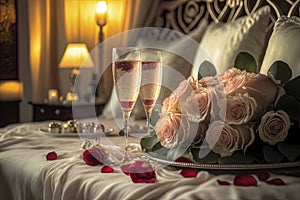 Valentines Day. Captivating Image of a Bedroom Adorned with Roses, Champagne and Candlelight for a Romantic Evening. Ai generated