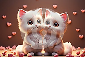 Valentines Day card 3D cats in love, surrounded by hearts