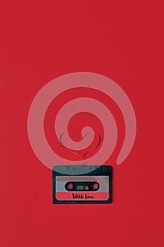 Valentines day card audio cassette with tape in shape of heart red background