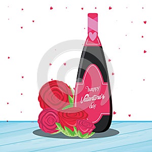 Valentines day card with bottle wine and roses