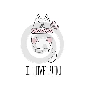 Valentines day card with cat. Vector illustration.