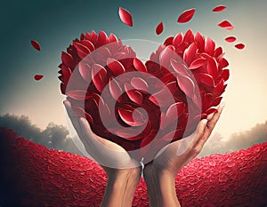 Valentines Day card concept. Hands holding heart shape made of red flower petals