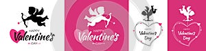 Valentines day card. Cupid silhouette with bow and arrow. Amur symbol of love. Valentine background. Vector