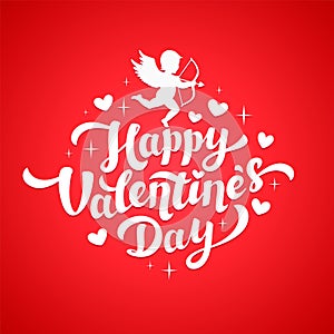 Valentines Day card with Cupid silhouette and hearts. Happy Valentines Day Lettering. 14th of february greeting card