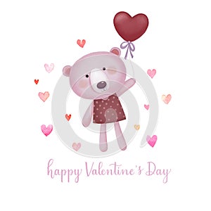 Valentines Day card with cute bear holding red heart shaped balloon