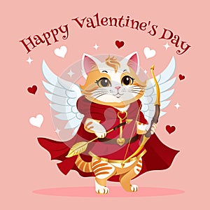 Valentines Day card with cute cat Cupid. Gaming