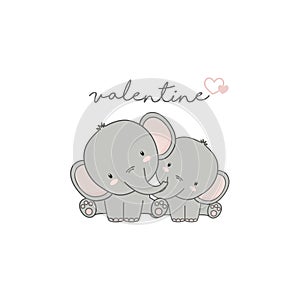 Valentines day card. Cute couple elephant in love