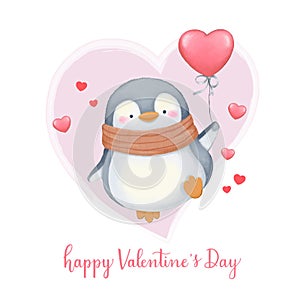 Valentines Day card cute penguin holding red shaped heart balloon