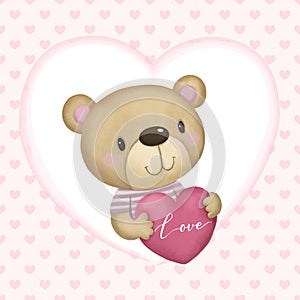 Valentines Day card with cute teddy bear hugging pink heart shaped pillow on heart pattern