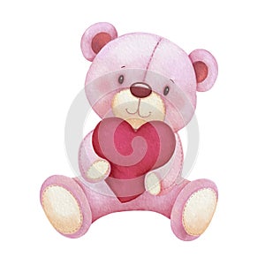 Valentines Day card with cute teddy bear hugging red heart shaped pillow