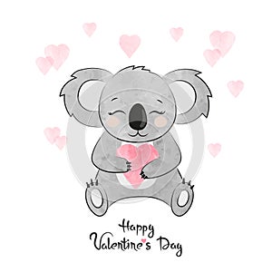 Valentines day card with cute watercolor koala bear in love with heart