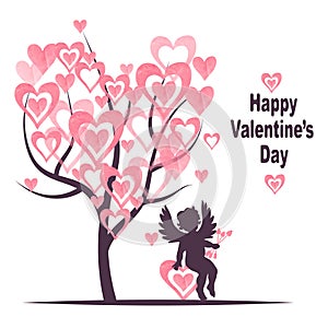 Valentines Day card design with Love tree and cute cupid.