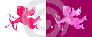 Valentines Day card design set. Cupid silhouette with bow and arrow. Flying Angel. Amur symbol. Vector.