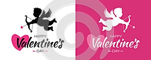 Valentines Day card design set. Cupid silhouette with bow and arrow. Flying Angel. Amur symbol. Vector.