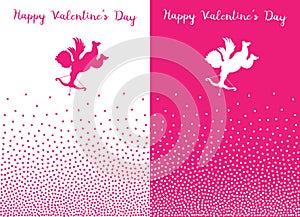 Valentines Day card design set. Cupid silhouette with bow and arrow. Heart background. Amur symbol of love. Vector