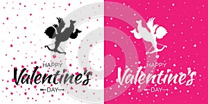 Valentines Day card design set. Cupid silhouette with bow and arrow. Heart background. Amur symbol of love. Vector