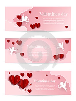 Valentines Day card design set. Cupid silhouette with bow and arrow. Pink white heart background. Flying Angel. Amur symbol of