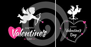 Valentines Day card design set. Cupid silhouette with bow and arrow. White flying Angel. Amur symbol. Vector.