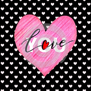 Valentines day card with handwritten Love You word in pink heart on hearts seamless pattern