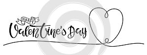 Valentines Day card. Happy Valentines Day text with Continuous one line drawing Heart. Single line Valentines background