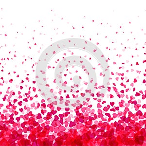 Valentines day card. Heart confetti falling over white background for greeting cards, wedding invitation