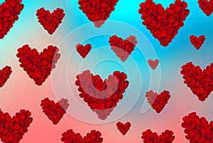 Valentines Day card with Heart Made of Red Roses petals Isolated on gradient pink and blue background