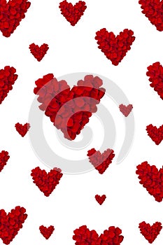 Valentines Day card with Heart Made of Red Roses petals Isolated on white. Vertical banner