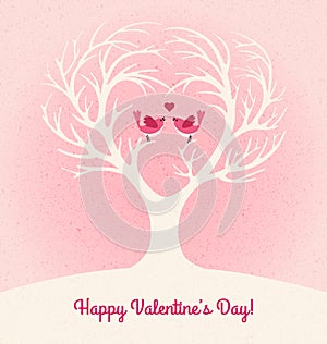 Valentines Day card with heart shaped tree and 2 lovebirds