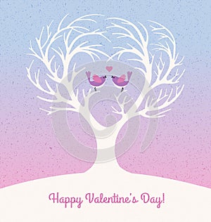 Valentines Day card with heart shaped tree and 2 lovebirds