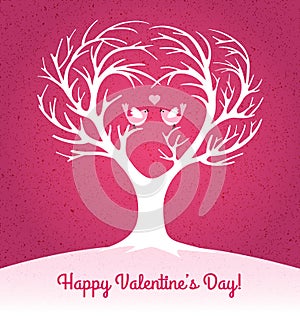 Valentines Day card with heart shaped tree and 2 lovebirds