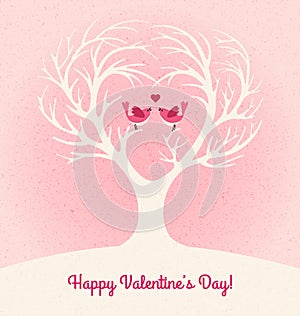 Valentines Day card with heart shaped tree and 2 lovebirds photo