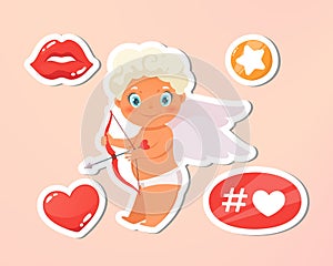 Valentines Day card. Holiday, event, festive letter. Beautiful happy cupid flying in clouds. Blonde angel holding arrow