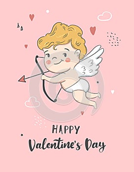 Valentines Day card with little Cupid. Vector Illustration
