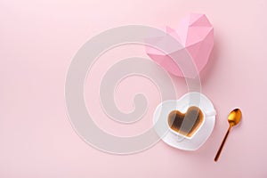Valentines Day card. Pink empty envelope, macaron macaroon cookie and heart shaped coffee cup on pink background. 8 March, Womens