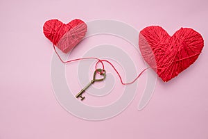 Valentines day card with red hearts and key.Red Hearts with Golden Key Rustic.Happy Valentines Day Decoration.Key of my