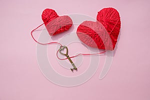 Valentines day card with red hearts and key.Red Hearts with Golden Key Rustic.Happy Valentines Day Decoration.Key of my