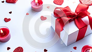 Valentines day card: red love hearts, romantic gift box, candle on white background. February romance present card