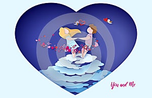 Valentines day card. Romantic young couple holding hands and spinning