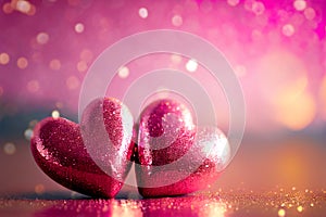 Valentines Day card with two pink hearts on shiny glitter background