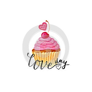 Valentines day card. Vector lettering with painting cute cupcake