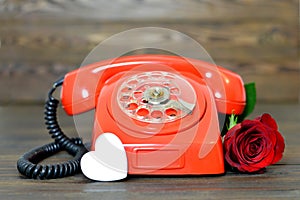 Valentines Day card: Vintage telephone, red rose and a heart