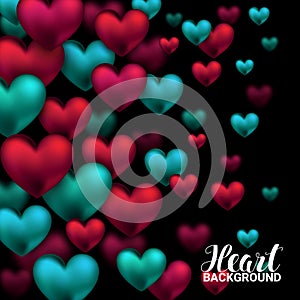 Valentines day card with volume hearts red and turquoise on black background. February 14. Vector Illustration.