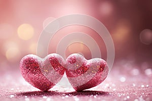 valentines day card or wedding invitation with two pink glitter hearts on shiny bokeh background