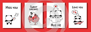 Valentines day cards with baby pandas vector illustration
