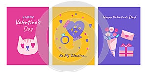 Valentines Day cards set romantic elements cartoon poster postcard templates for celebration vector